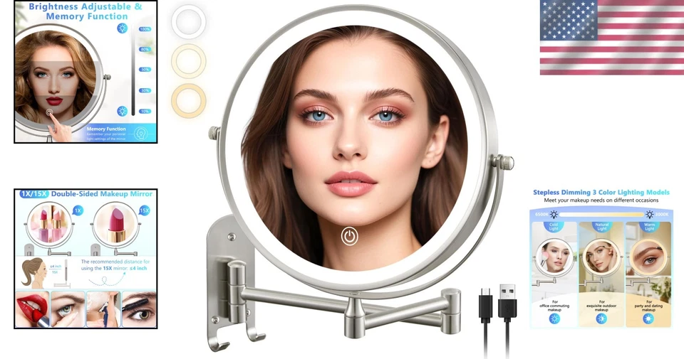 9" Rechargeable Lighted Makeup Mirror, 1X/15X Magnifying - Image 2 of 4