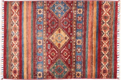 Afghan Ziegler Khorjin Teppich 80x120 Handgeknüpft Rot Streifen Orient n - Bild 1 von 4