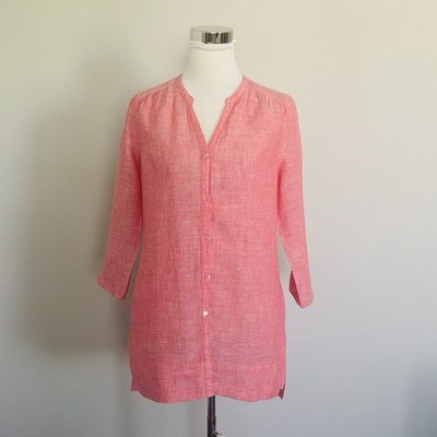 Kenar 100 Pct Linen Long Button Down Coral Pink Tunic Top Side Pockets Small