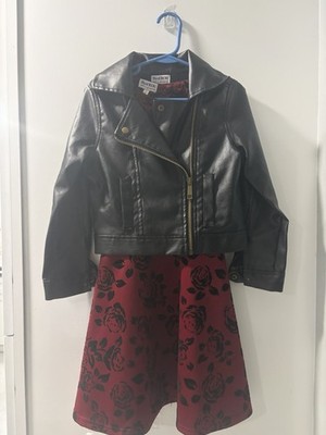 Blueberi boulevard Girls Size 7 Black Biker Jacket & Red Floral Dress Set