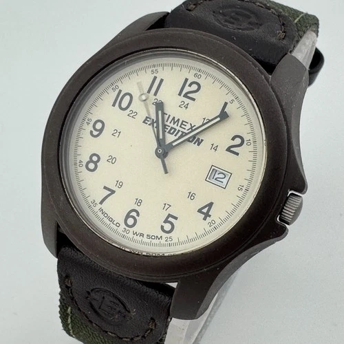 VTG Timex Expedition Quartz Watch Men 50m Brown Beige Date Analog New Battery