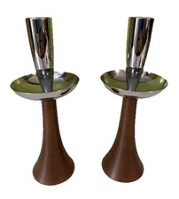 Vintage Set of 2 MCM Candlestick Candle Holders Danish Modern Wood & Metal 9"
