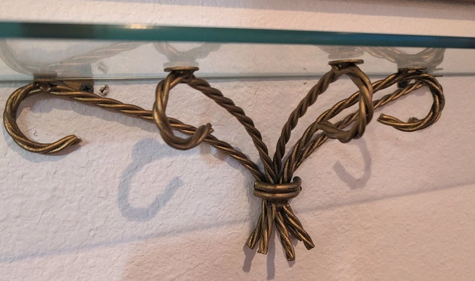 Set 2 VTG Brass/Metal Rope & Glass Wall Mount Shelf Hollywood Regency 7"&17.5" - Image 4 of 4