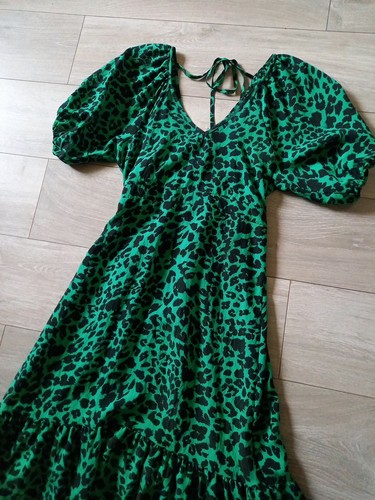 George grün & schwarz Leopardenmuster Hängerchen Kleid Rüschen Urlaub Boho Freizeit UK10 - Bild 7 von 19