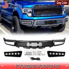 Front Bumper For 2009-2014 Ford F150 F-150 Gray Raptor Style Steel W/ LED Lights