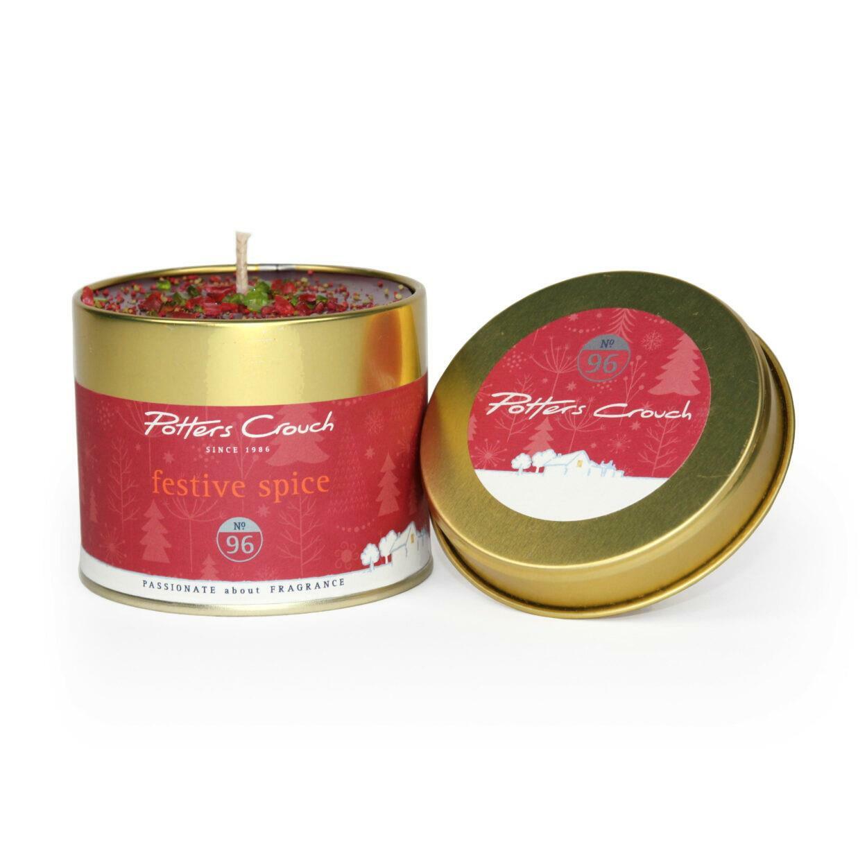 Potters Crouch Scented Christmas Candle in a Tin Fragrance Festive Spice 40Hrs