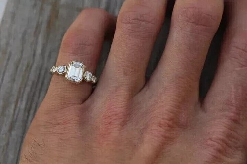 Art Deco Style Lab-Created Diamond Emerald Cut Wedding Ring 14k Yellow Gold FN - Picture 4 of 9
