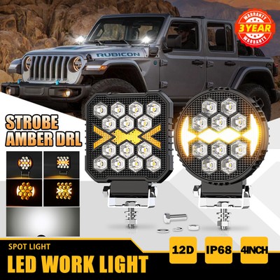 2X 4inch LED Work Light Pods Strobe amber DRL Driving Fog Lamp Truck Offroad SUV