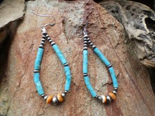 Turquoise Coral Navajo Pearl Gemstone Handmade Sterling Silver 925 Earrings AH86