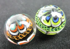 2 RINKY-DINK 16mm Handmade Art Glass Orange Blue Green Lattice Design Marbles