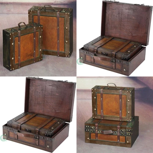 2 Vintage Decorative Suitcases Trunk Retro Wood Leather Antique Storage 13 & 15"
