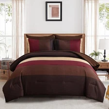 Red and Brown Comforter Set Queen Size, Boho Burgundy Striped Bedding Comfort...
