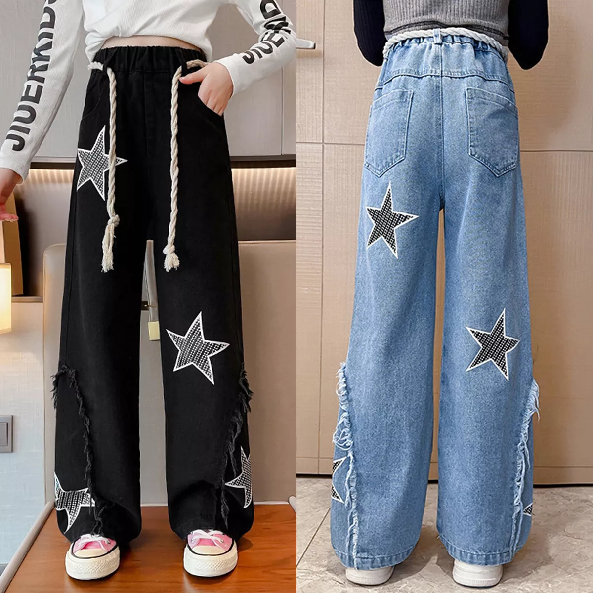 Kids Girls Jeans Unique Denim Pants Star Printed Trousers Ripped