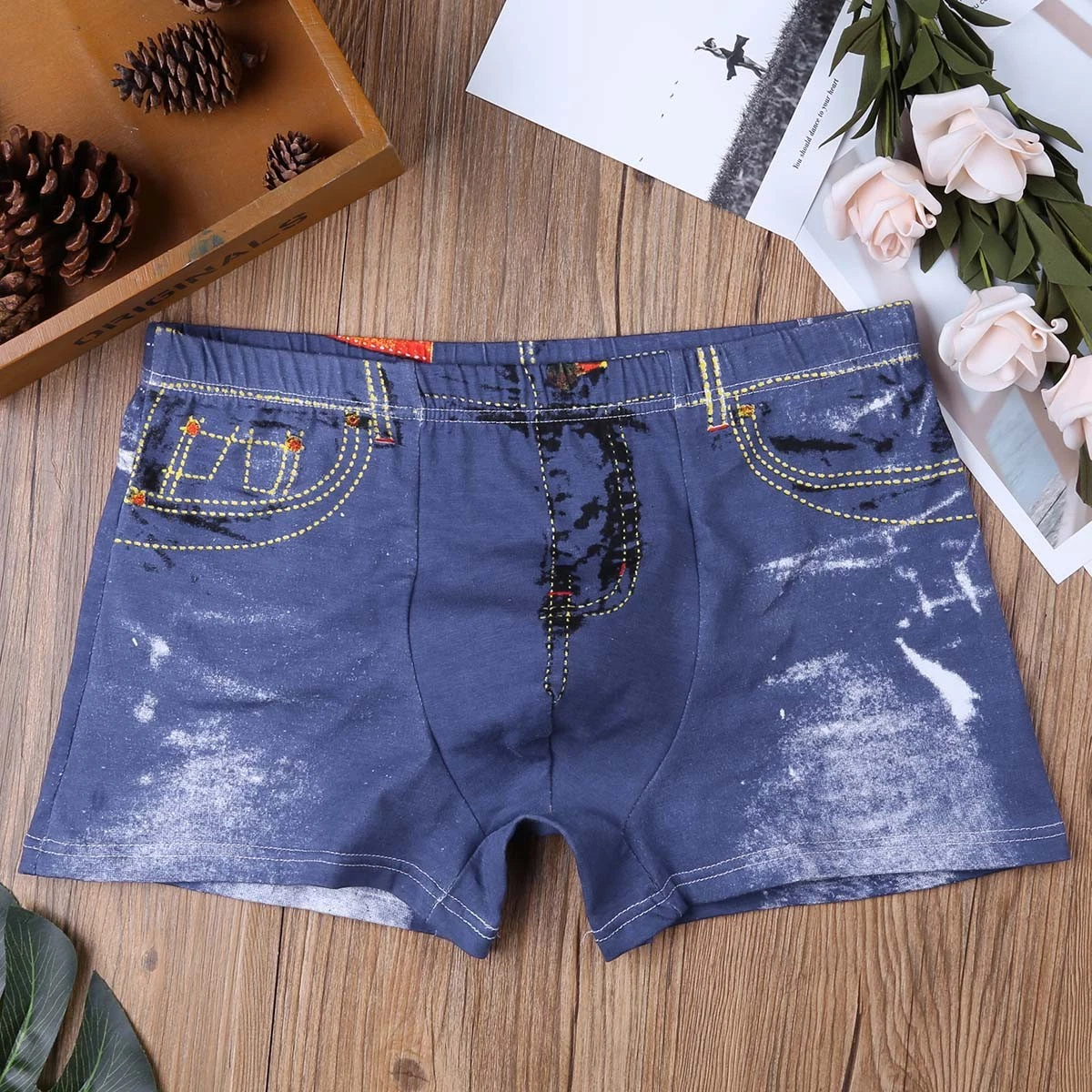 Mens Fake Denim Jeans Print Boxer Briefs Swim Trunks Breathable