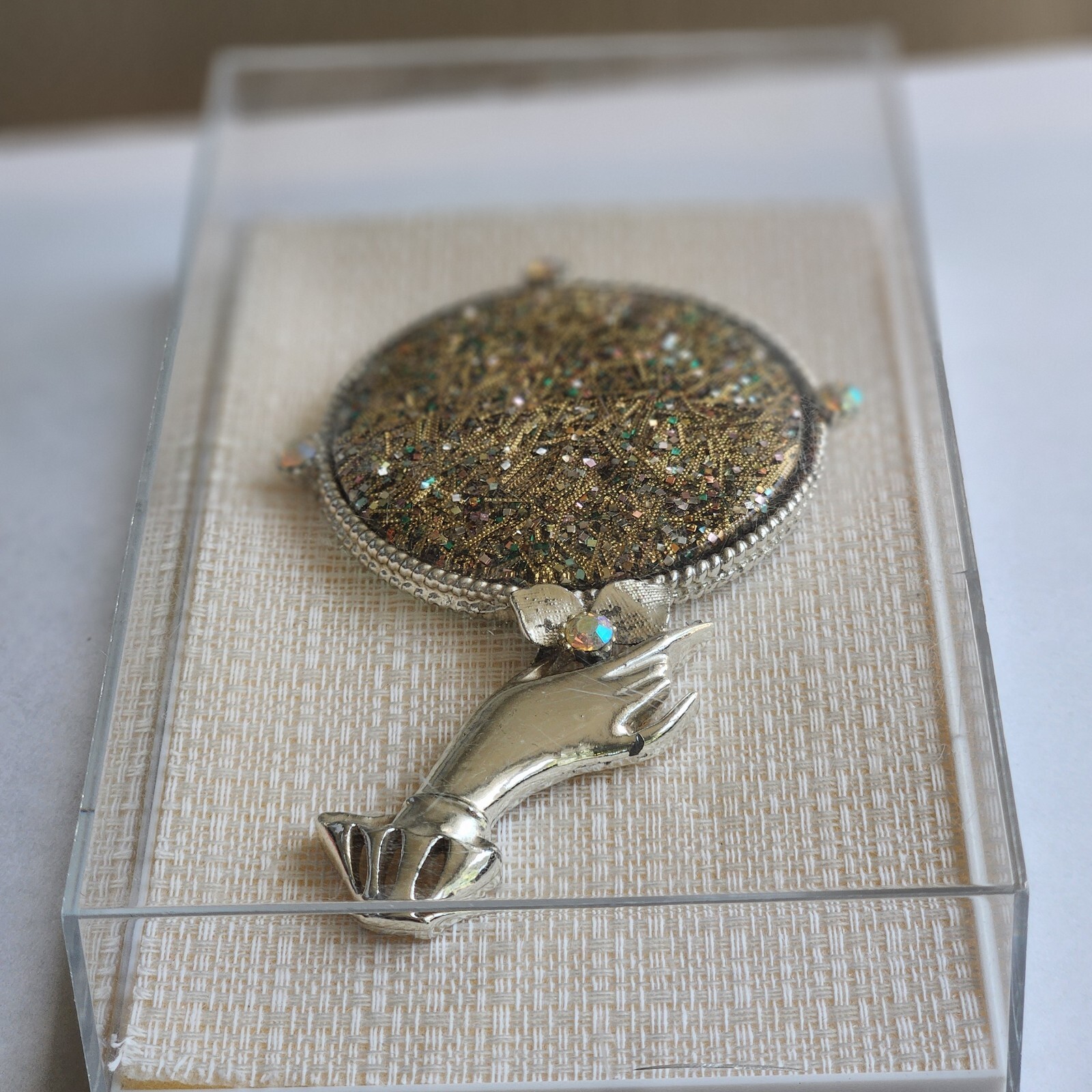 Vintage  Miniature Silver Glitter Rhinestones Hand Mirror 4”