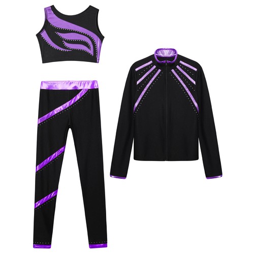Kids Girl's Sweatshirt Sweatpants Set Patchwork Tracksuits Dance Gymnastics - Picture 20 of 29