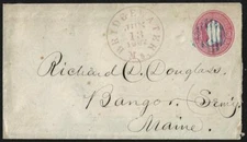 US 1862 CIVIL WAR PERIOD COVER Sc U34 BRIDGEWATER Ms IN RED TO BANGOR MAINE