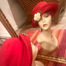Vintage Chapeaux  Co red wool bucket hat embroidered rose floral detail