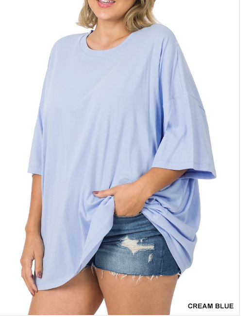 Zenana  1X Cotton Oversized Drop Shoulder Boxy Boyfriend Round Neck Tee Top Blue