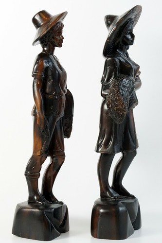 Vintage Hand Carved Dark Wood Figurines Pair Country Farmer Farm Boy Girl Wheat - Picture 4 of 12