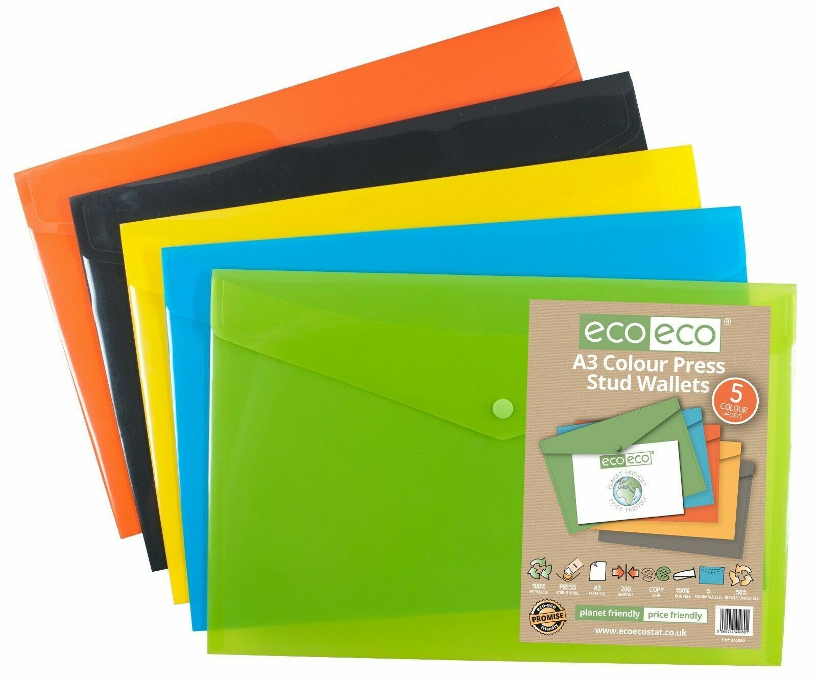 eco eco A3 Stud Wallets 5 Pack Assorted Colours Folders Document X2