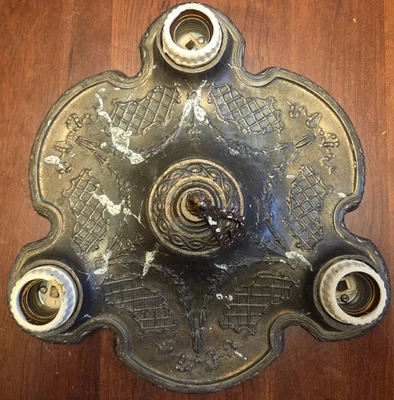 Antique Edwardian Metal Cast Flush Mount Ceiling Light 3 Fixture w/pendant RARE! - Image 1 of 4