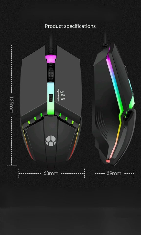 USB Wired RGB Gaming Mouse Ergonomic Optical Mouse with 3 DPI Speeds & 6 Buttons - Image 4 of 4