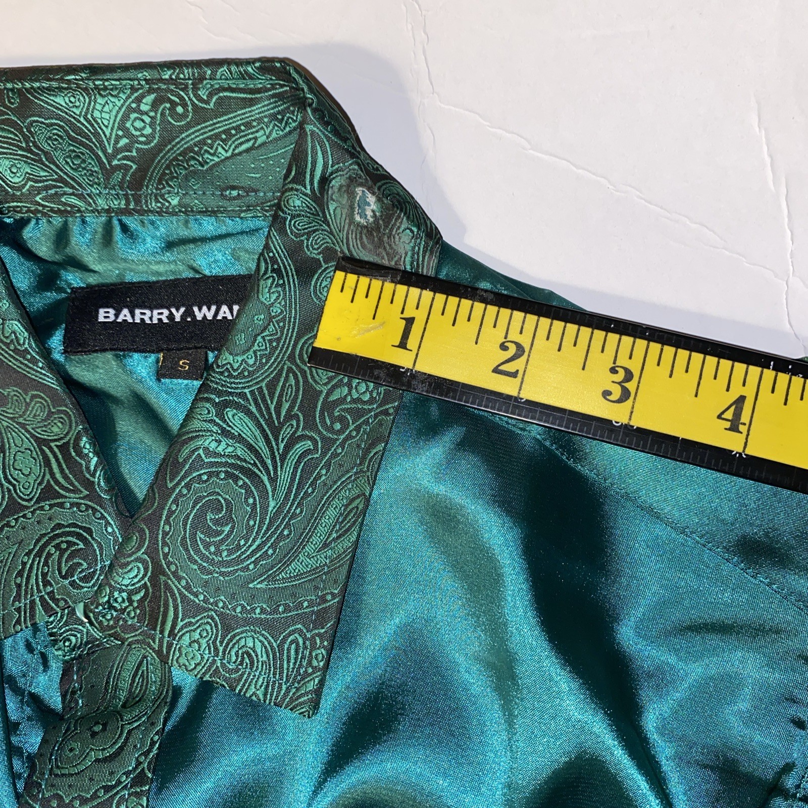 Barry Wang Mens Esmeral Green Silk Satin Dress Shirt Long Sleeve Paisley Cuff(S)