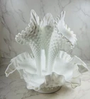 Vintage Milk Glass Hobnail Ruffled Three Horn Trumpet Vase