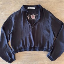 Zara Satin Cropped Floral Embroidered 1/4 Zip...