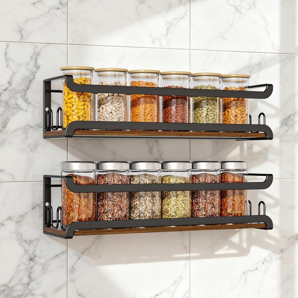 Wall Mounted Spice Rack W/ 16 Hooks Rustic Wood Spice Organizer Shelf ...