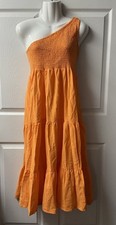 Shein One Shoulder Orange Tiered Peasant Dress Womens Size Medium Boho Smocked