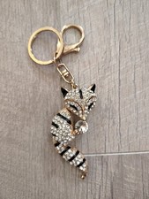 Rhinestone Fox Keychain Purse Charm Gold Tone Crystal Animal Key Ring Stripe Cat