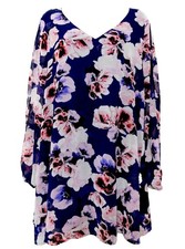 GUESS Cherry Blossom Tunic Top Size SP Sheer V-Neck Slit Sleeve Lined Pink Navy