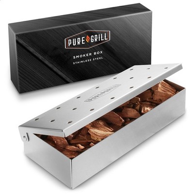 Stainless Steel BBQ Grill Smoker Box for Wood Chips, Hinged Lid, Smoking Meat