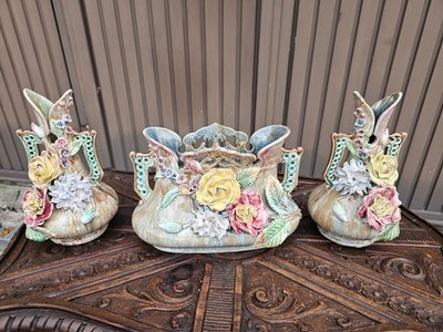 Antique Barbotine Majolica Vase Set with Centerpiece Floral Decor Vintage