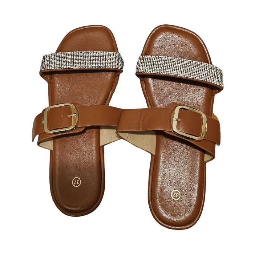 Women’s Brown Slip-On Slide Sandals Buckle Glitter Strap Flat Casual Size 6
