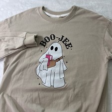 Halloween Ghost Pullover Sweatshirt Boo-Jee Women s Sz S Tan Cute