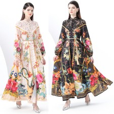 Lace Patchwork Vintage Print Mock Neck Bow Long Sleeve Women Casual Maxi Dresses