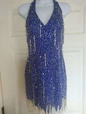 Vintage 80s 90s Las Vegas Showgirl Beaded Sequin Silk Halter Party Dress Size 2