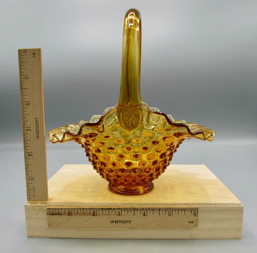 Fenton Glass Hobnail Basket In Amber 7 Inch Wide 8 Inch Tall Not Marked