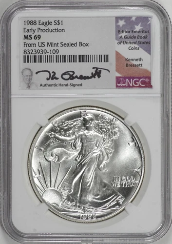 1988 Silver Eagle NGC MS69 - Early Production - Signed K. Bressett