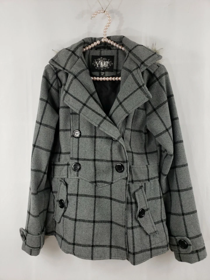 YMI Mujer Gris Negro Cuadros Imitación Piel Abrigo Chaqueta con Capucha S Pequeña Foto 2 de 4