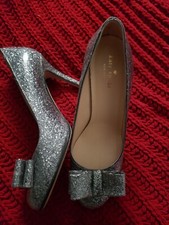 Kate Spade Krista Silver Glitter Bow Heels, Size 8 B, Heel Size 3.5"