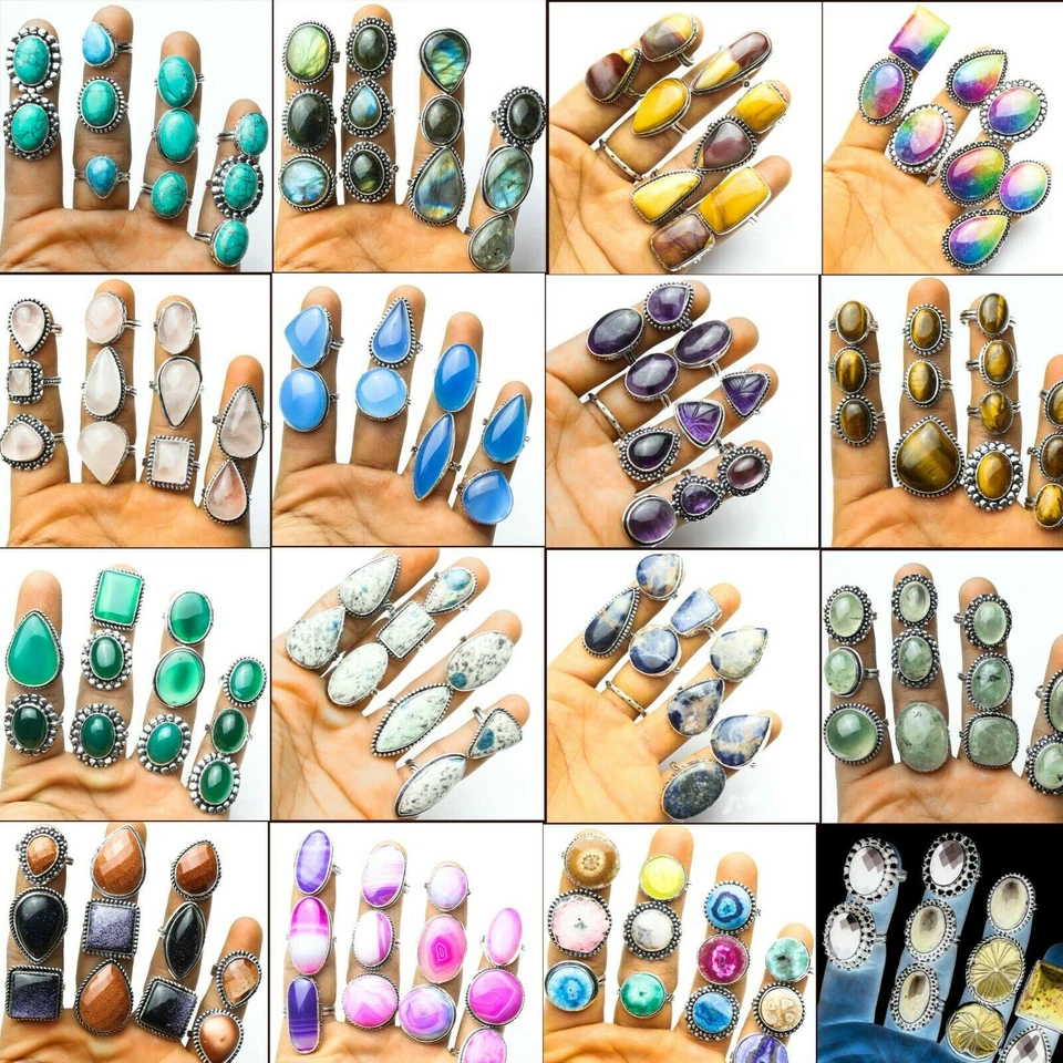 Lote de anillos al por mayor de amatista y mezcla de piedras preciosas enchapadas en plata de ley 925 Foto 2 de 2