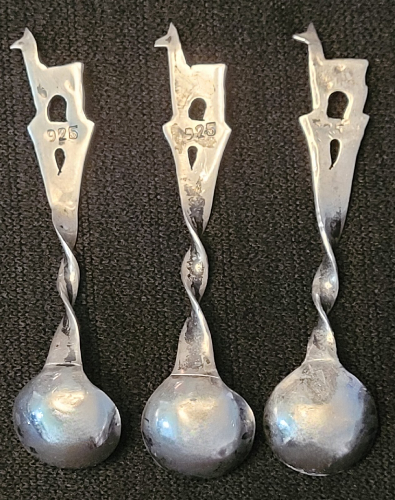 3 Souvenir Salt Spoons Peru Llama Alpaca 925 Sterling Silver 13gms (all