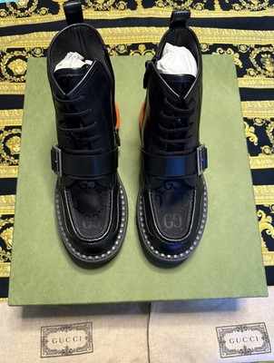 Gucci Black Quilted Leather Lace-Up Men’s Boots with Logo Tab NEW GUCCI BOOTS GG LOGO CANVAS BLACK LEATHER LACE UP ANKLE  main image 4
