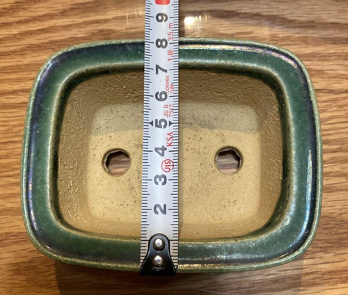 Japanese TOKONAME bonsai pot SHIBAKATSU signed rectangle green glazed w4.1" *301 - Picture 8 of 9