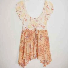 Free People La Bamba Babydoll Tee Floral Summer Top, Yellow, Large, RRP $78