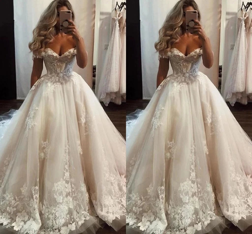 Princess Lace Wedding Dresses Off The Shoulder Tulle Corset Back Plus Size  White